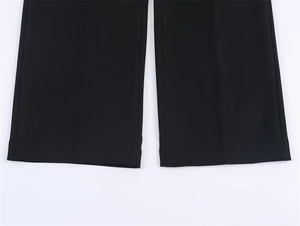 Close-up of straight leg black suit trousers showing high-quality fabric and stitching