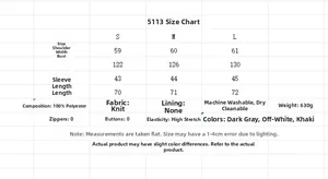 Detaillierte Größentabelle und Stoffangaben für die Strickjacke mit Maßtabelle