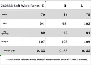 Size chart for women's soft wide-leg pants showing waist, hip, and length measurements