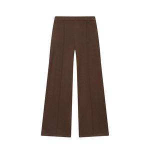 Minimalist deep brown high-waisted wide leg knit trousers with front seam detailing