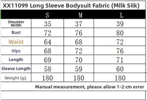 Size chart for women's long sleeve bodysuit showing S to L measurements and fabric info