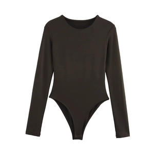 Deep brown long sleeve slim fit bodysuit with classic round neck and high cut leg