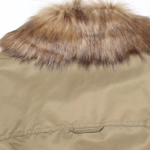 Detail showing high-quality faux fur collar and windproof twill fabric of the jacket