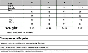 Detailed size chart for slim fit denim tube dress with measurements and fabric details