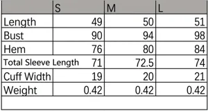 Size guide table for women's long sleeve zipper fleece jacket with detailed measurements