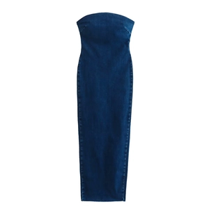 Slim fit dark blue denim strapless tube maxi dress with minimalist seam details