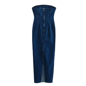Detail view of the back zipper closure and slit hem on a slim denim tube dress