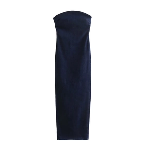 Slim fit strapless denim dress in dark blue with a minimalist H-line silhouette