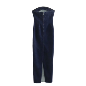 Detail of slim-fit denim tube dress featuring a back zipper and high slit design