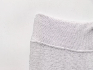 Detailed close-up of ribbed cuffs and knitted texture on grey melange outerwear