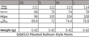 Comprehensive size chart for high waist pleated balloon pants including length and waist