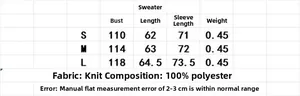 Detailed size chart for retro jacquard knit sweater with measurements in S, M, and L sizes