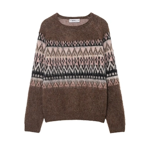 Women Vintage Geometric Jacquard Knit Sweater Fluffy Long Sleeve Crew Neck Pullover Fair Isle Texture Casual Winter Warm Top