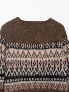 Detail of soft mohair knit sweater showing Fair Isle jacquard pattern on shoulder and collar