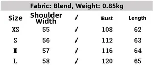 Detailed size chart for faux fur vest showing shoulder, chest, and length in cm