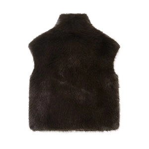 Deep brown faux fur vest for women with plush texture and sleeveless standing collar design
