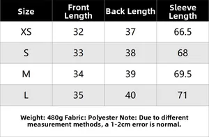 Size chart for women faux fur jacket showing XS to L dimensions and polyester fabric details