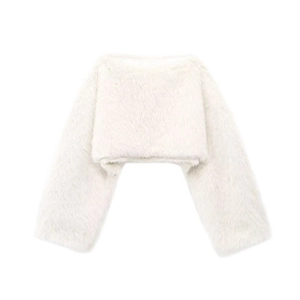 Detailed macro view of the soft white faux fur texture and fluffy plush fibers of the jacket