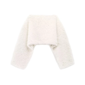 Detail of high-quality white faux fur bolero shrug with soft plush texture and long sleeves