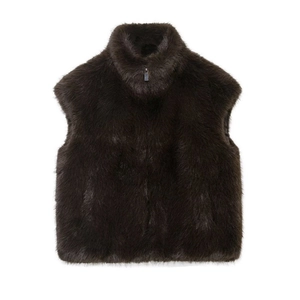 Women Elegant Dark Brown Faux Fur Vest High Collar Zipper Sleeveless Waistcoat For Autumn Winter Fashion