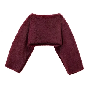 Chic burgundy faux fur cropped jacket with long sleeves and elegant minimalist design