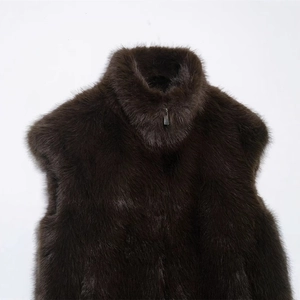 Women's faux fur vest in dark brown featuring a stand collar and metal zipper closure
