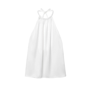 Top blanco de cuello halter estilo francés con escote plisado y silueta línea A