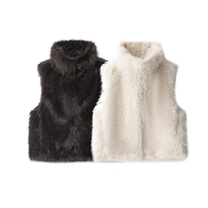 Women's fluffy faux fur vests in black and cream featuring a stylish stand collar design
