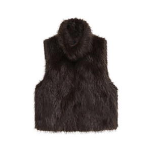 Detail view of the thick plush texture and stand collar of this faux fur vest