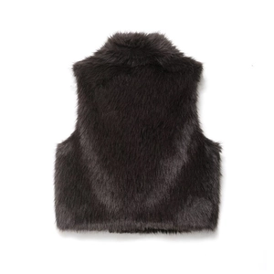 Close-up of dark brown faux fur vest texture showing thick plush and smooth long hair fibers