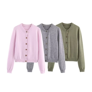 Women Gentle Style Soft Knit Cardigan Round Neck Single Breasted Long Sleeve Solid Color Slim Fit Sweater Top For Autumn