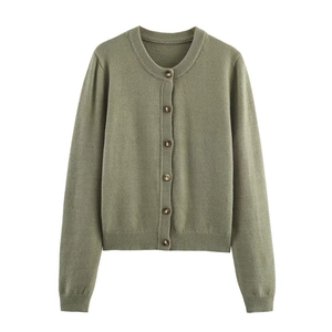 Olive green knit cardigan with round neck and brown buttons on white background