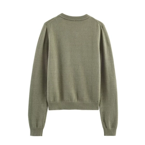 Elegant long sleeve bean green knit sweater with round neck and single-breasted detail