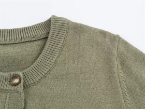 Detailed macro view of the grass green knit cardigan collar, ribbing, and brown button