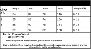 Size chart for velvet halter top showing XS to L measurements and fabric details
