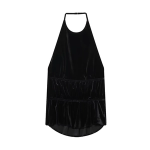 Elegant black velvet halter top for women featuring a pleated hem and sleek shoulder cutout