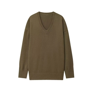 Chic olive green V-neck loose knit sweater with ribbed cuffs on white background