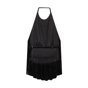 Women's chic black velvet halter top featuring ruched details and a backless party style
