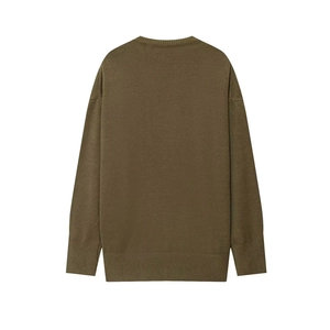 Olive green long sleeve knit sweater for women with ribbed crew neck and loose fit style