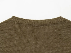 Close-up detail of olive green knit sweater featuring a ribbed crew neck and fine texture