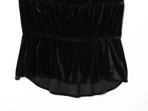 Detailed macro shot of black velvet fabric featuring elegant ruching and ruffle textures