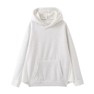 Women Casual Minimalist Hooded Sweatshirt Patchwork Design Long Sleeve Loose Fit Hoodie With Kangaroo Pocket Grey White