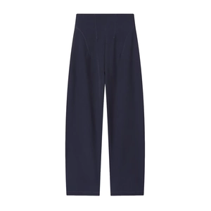 Vista frontale dei pantaloni a gamba larga a vita alta blu navy con cuciture curve