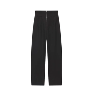Pantaloni neri a vita alta a gamba larga con cerniera frontale e dettagli plissettati