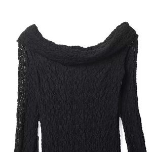 Elegant black lace off-shoulder long sleeve top with intricate floral pattern embroidery