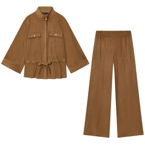Vêtements Pour Femmes En Suédine Veste À Manches Longues Avec Ceinture Et Pantalon Large Décontracté Mode Automne
