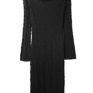 Close-up of black lace fabric texture and hollow crochet patterns on this long sleeve dress