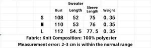 Size chart for knit sweater showing bust, length, and sleeve measurements in centimeters