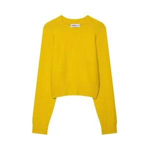 Classic mustard yellow long sleeve knit sweater with ribbed crew neck and cuffs