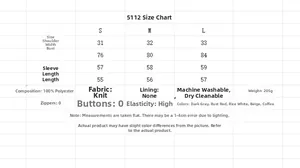 Detailed size chart for the turtleneck knit sweater showing measurements and fabric specs